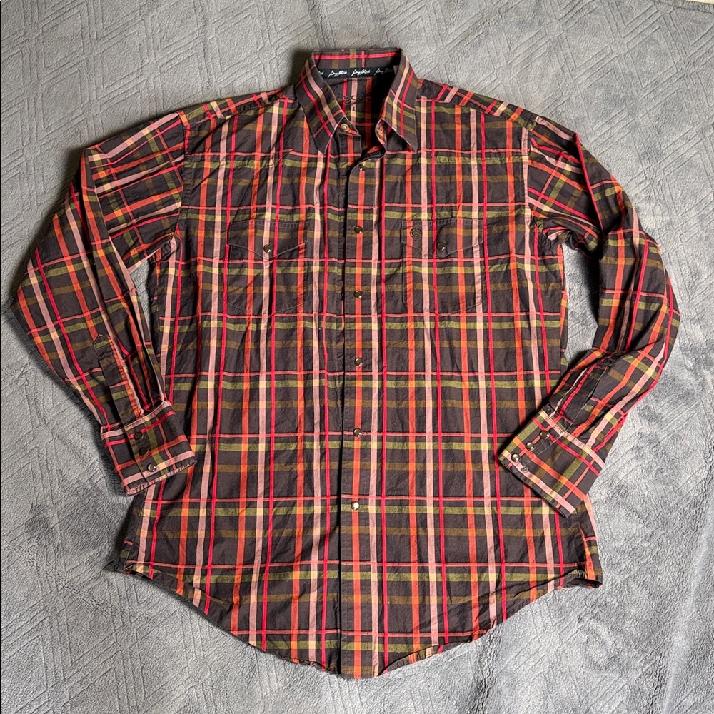 George Strait Pearl Snap Plaid Striped Cotton Western Shirt Large